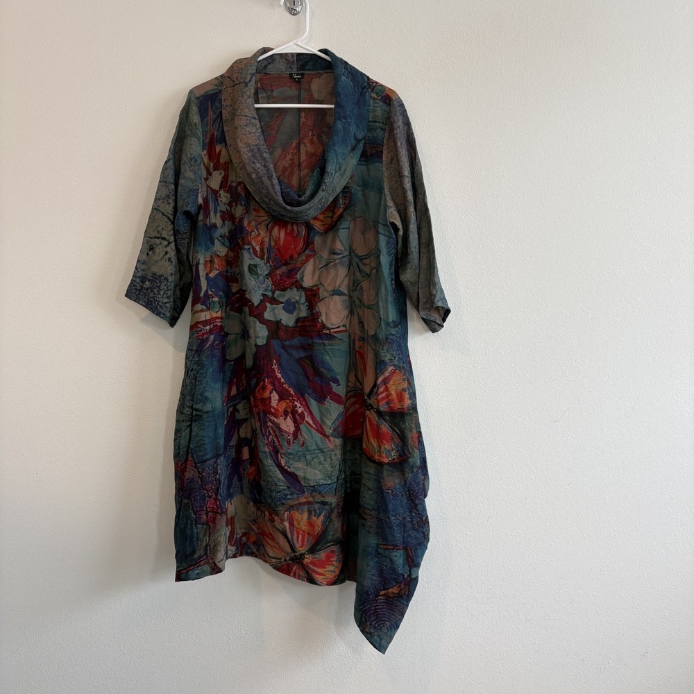 Shana Abstract Tunic Dress Women L Mock Neck Knee Length Art To Wear Lagenlook